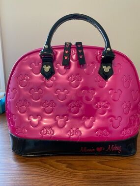 Disney Loungefly Hot Pink Patent Minnie & Mickey Tote with Black Trim